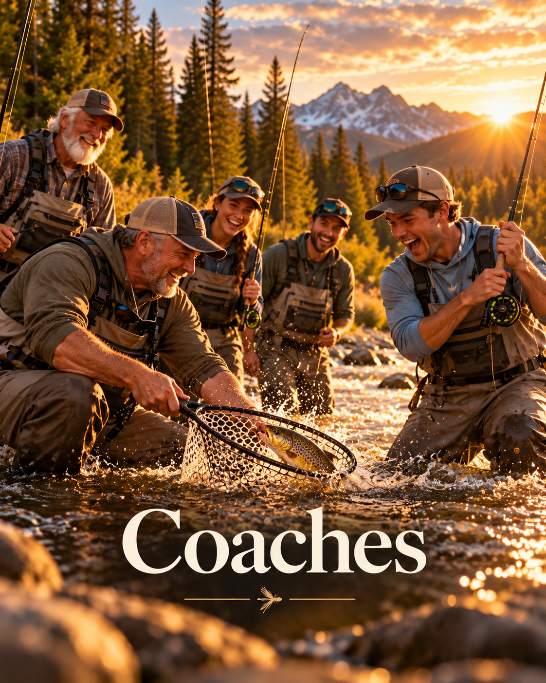 Four people fishing in a river during sunset with mountains and trees in the background, smiling and holding fishing rods, with the word 'Coches' overlayed at the bottom.
