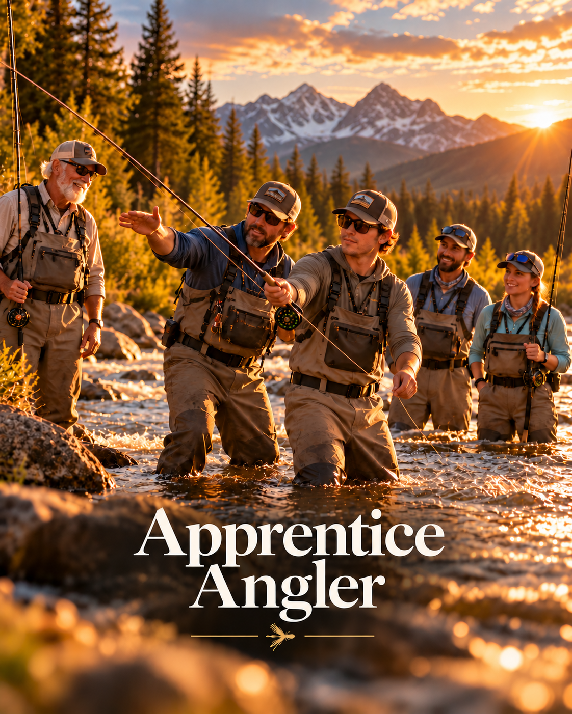 A group of five anglers fishing in a river during sunset, surrounded by trees and mountains.
