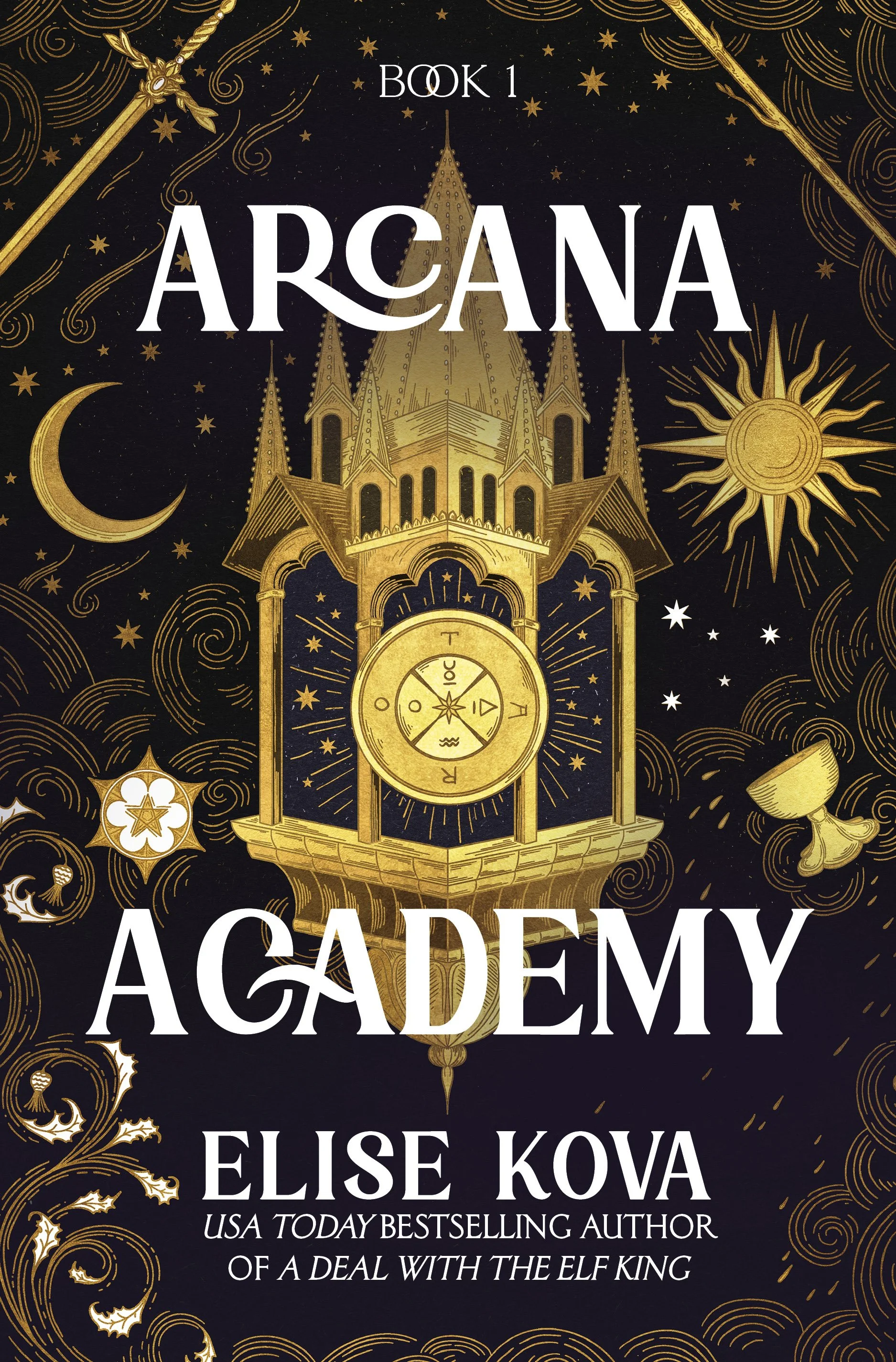 Arcana Academy by Elise Kova book cover, characters, cards, spicy chapters and more.