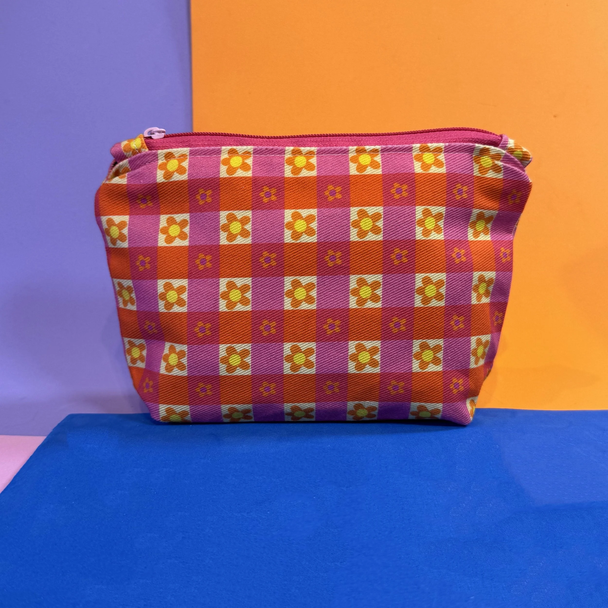 Flower Power Gingham Cotton Pouch  - Zipped Bag