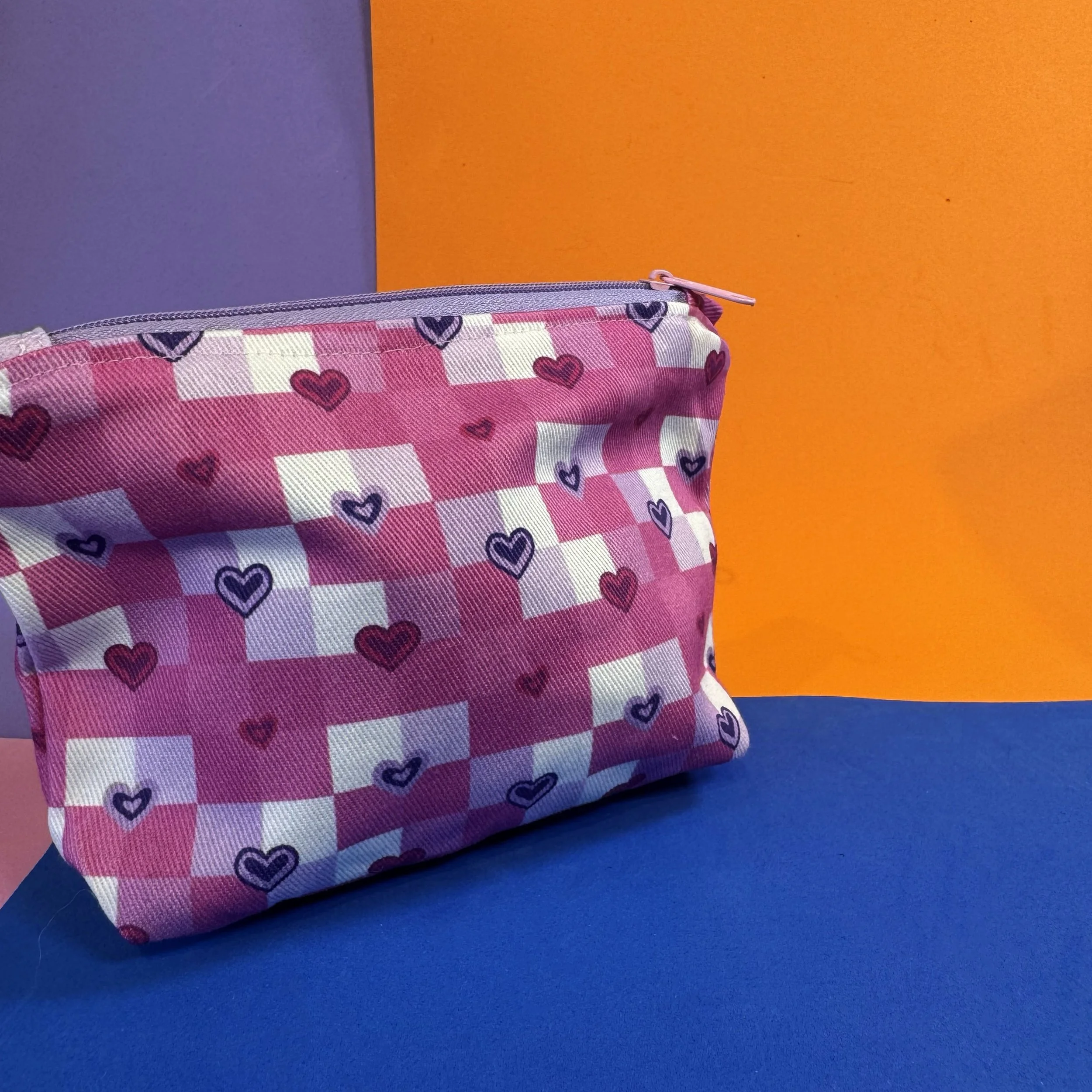 Pink Love Heart Gingham Cotton Pouch - Zipped Bag