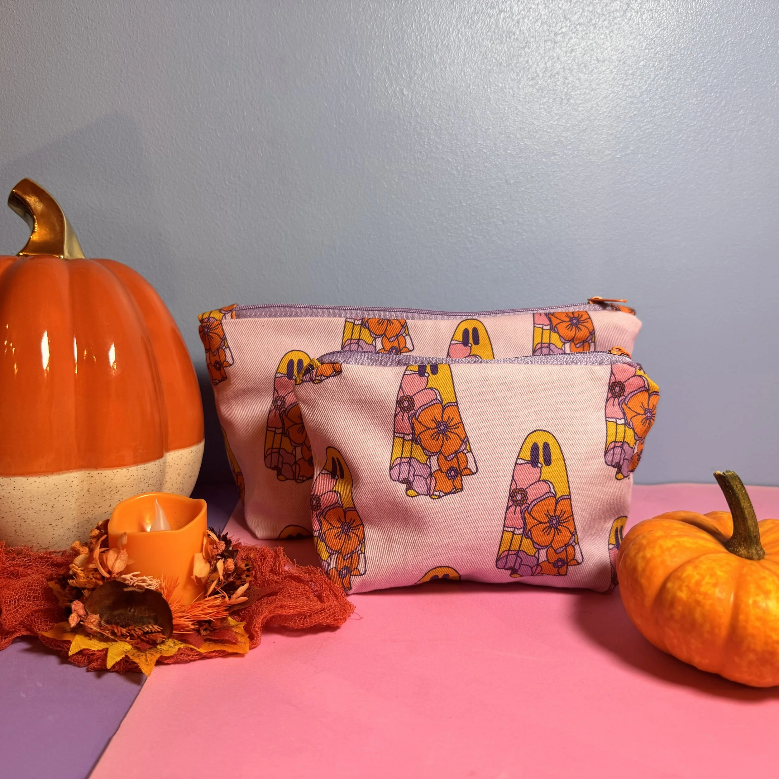 Floral Ghost Cotton Pouch - Zipped Bag