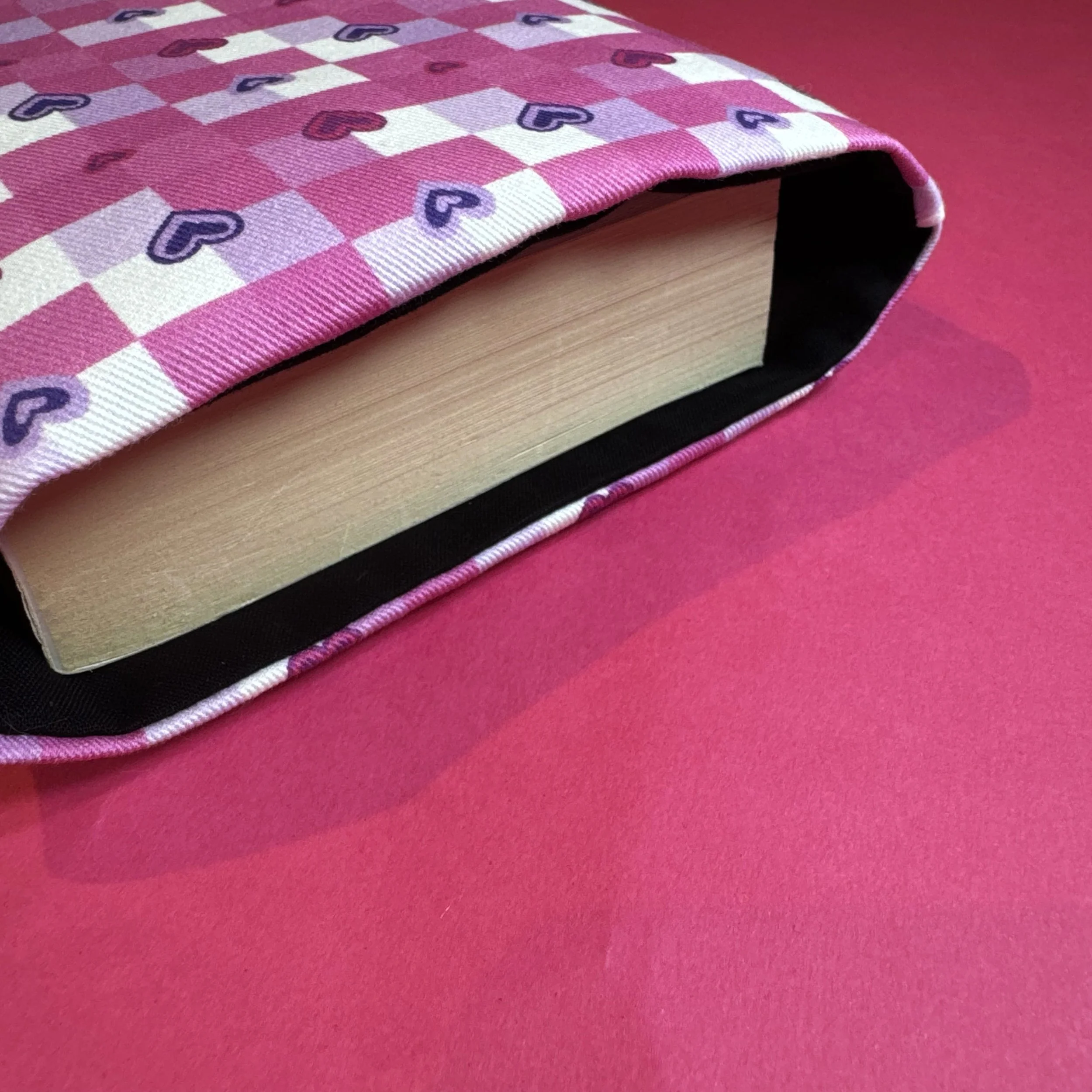 Pink Love Heart Gingham Padded Book sleeve