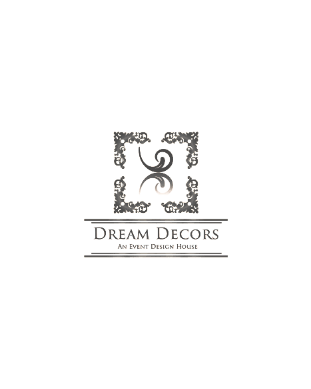 Logo for Dream Decors, an event design house, featuring ornate black decorative elements around a stylized swirl, with the company name and tagline below.