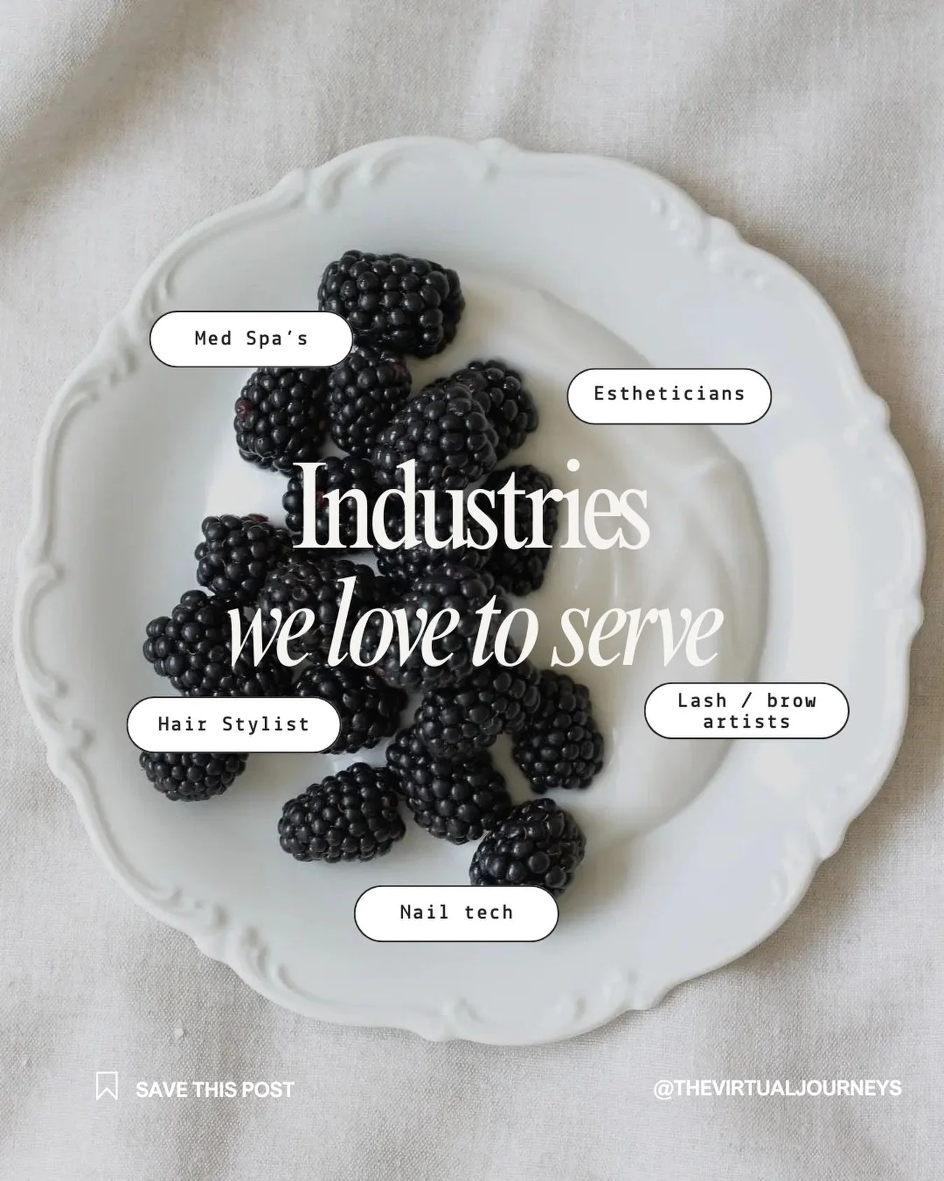 The industries I&rsquo;m obsessed with?

Hairstylists. Med spas. Estheticians. Lash &amp; brow artists. Nail techs.

And not just obsessed &mdash; experienced. I&rsquo;ve worked with multiple brands in this space, so trust me&hellip; I get it. The bo