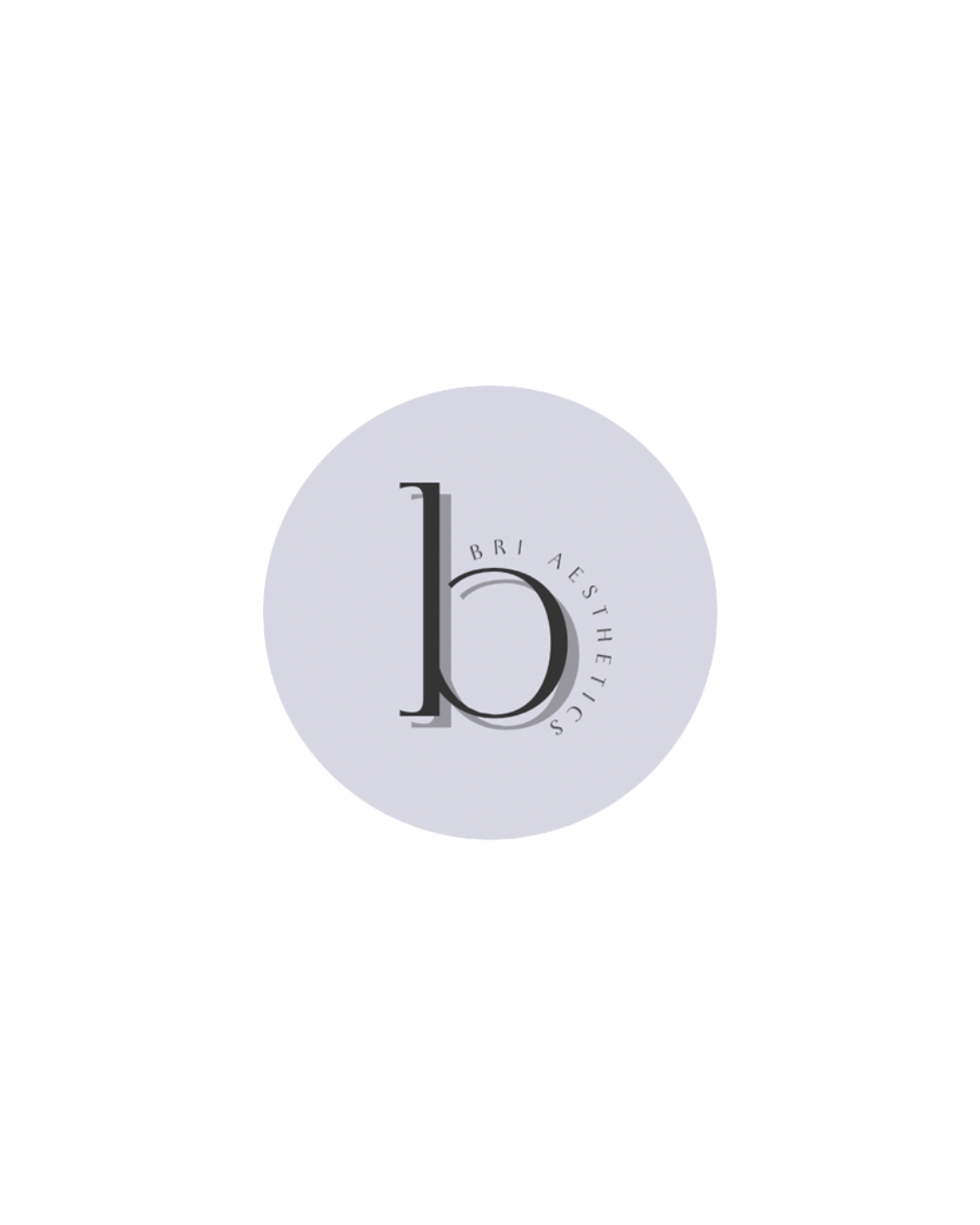 A circular logo with the letter 'b' in the center, surrounded by the words 'BRI AESTHETICS' arranged in an arc, on a light background.
