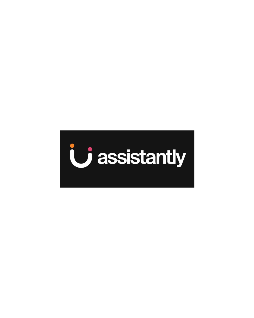 Black background with the assistany logo, which includes a stylized 'U' with orange and pink dots, and the word 'assistany' in white text.