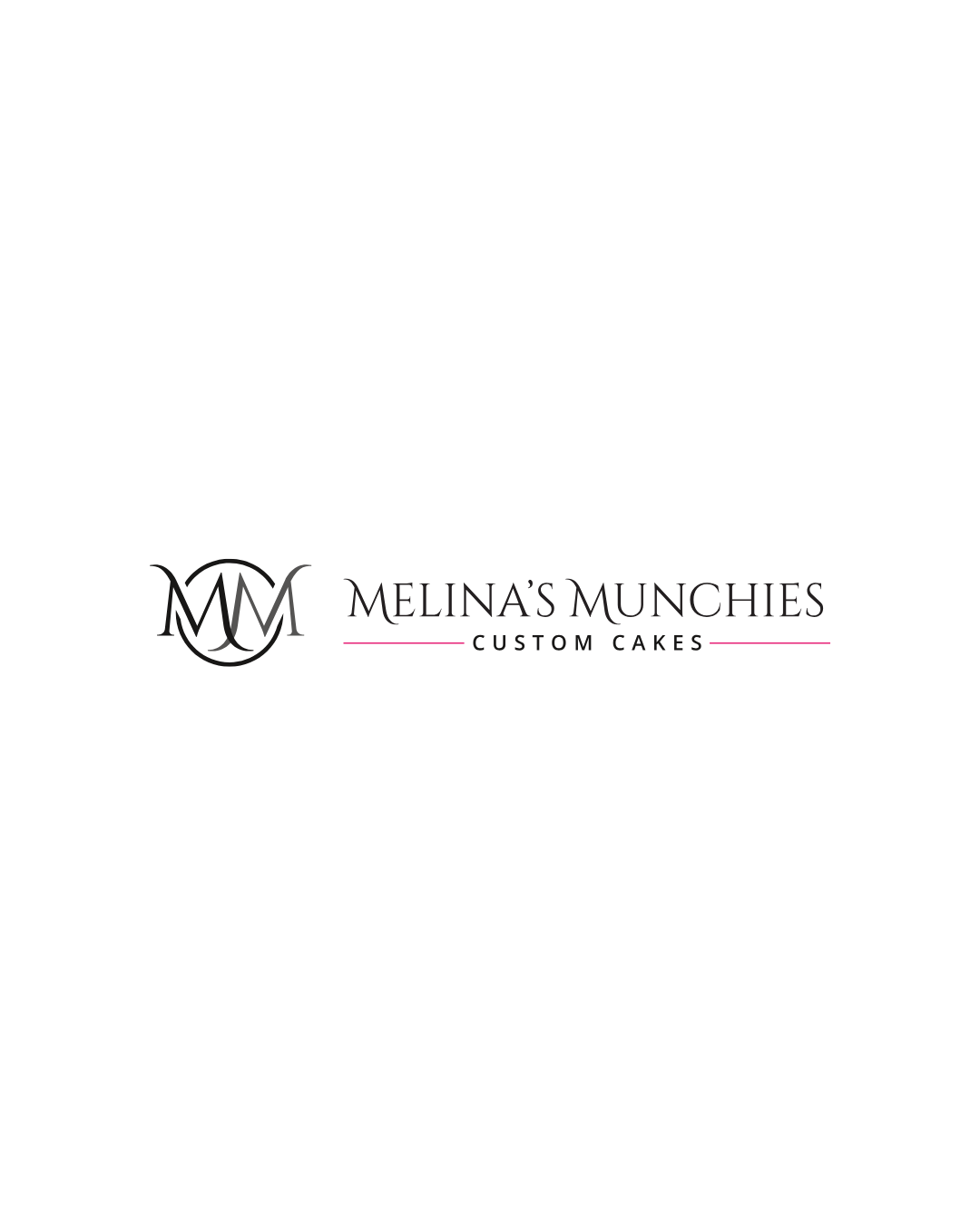 Black logo for Melina's Munchies Custom Cakes featuring stylized initials 'MMM' and the business name in elegant font.