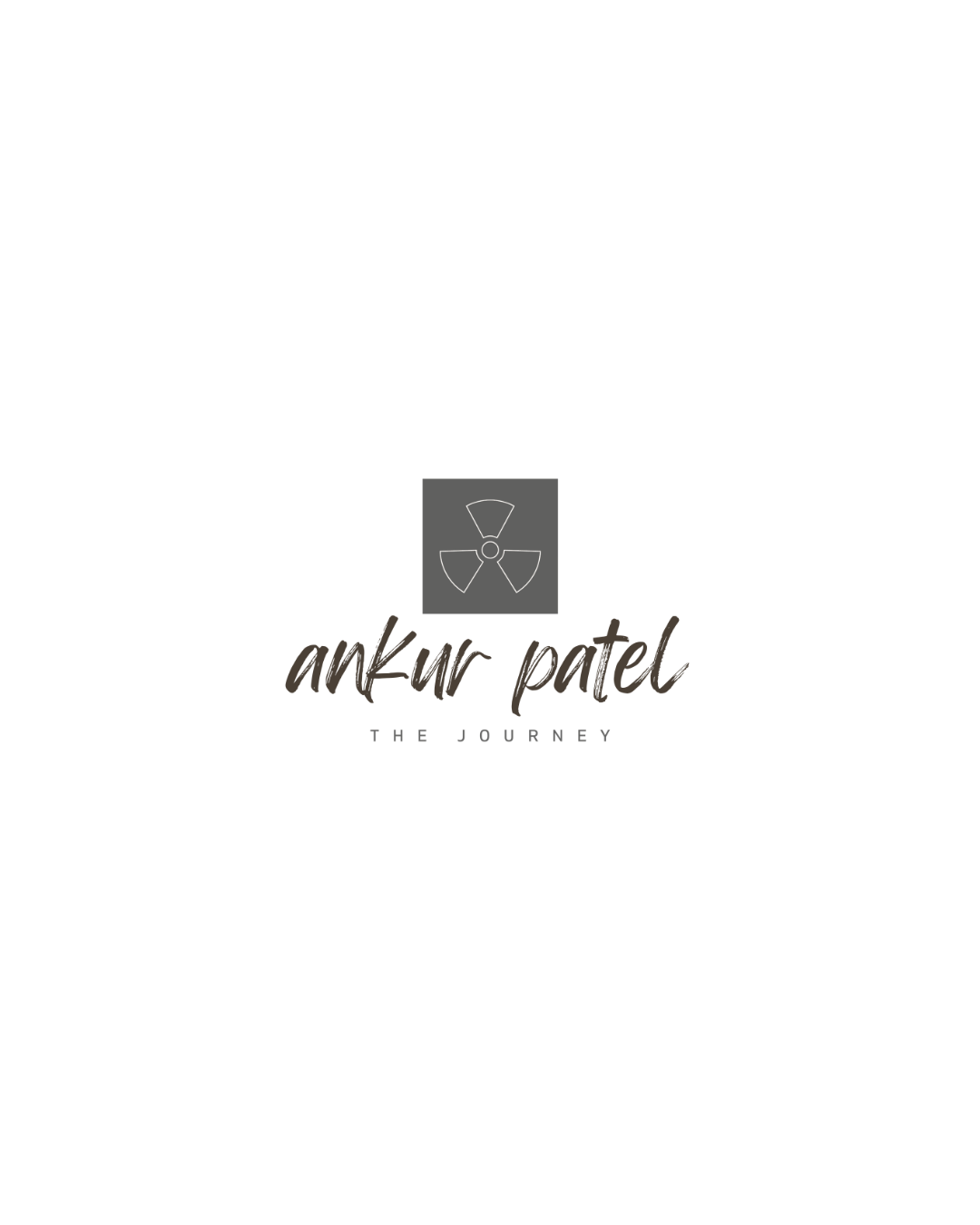 Black background with a gray radiation symbol and the text 'ankur patel' in cursive font below it, and 'THE JOURNEY' in small uppercase letters underneath.