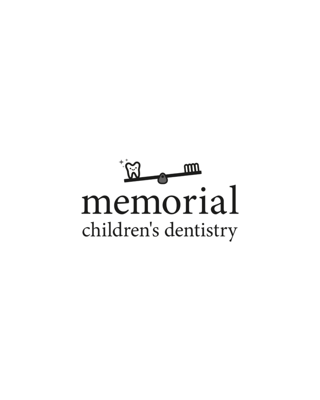 Logo for Memorial Children's Dentistry featuring a scale balancing a smiling tooth with sparkle and a toothbrush.