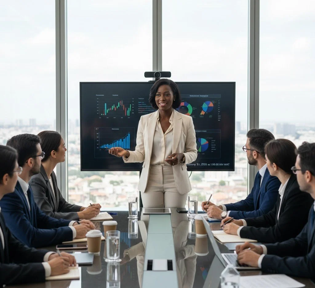 Businesswoman giving a presentation to a group in a modern office with city views, with charts and graphs displayed on a screen behind her.