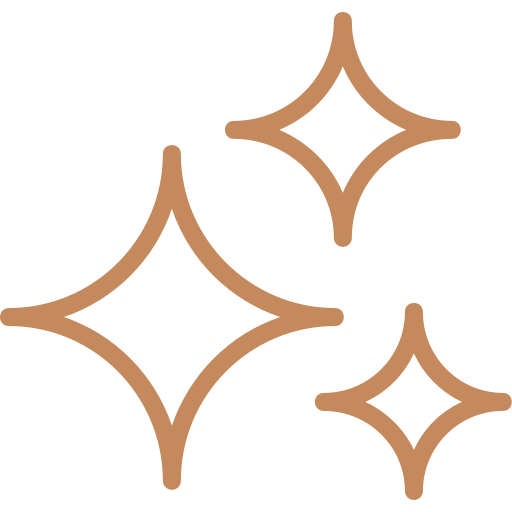 Three stylized sparkling stars in a beige color on a black background.