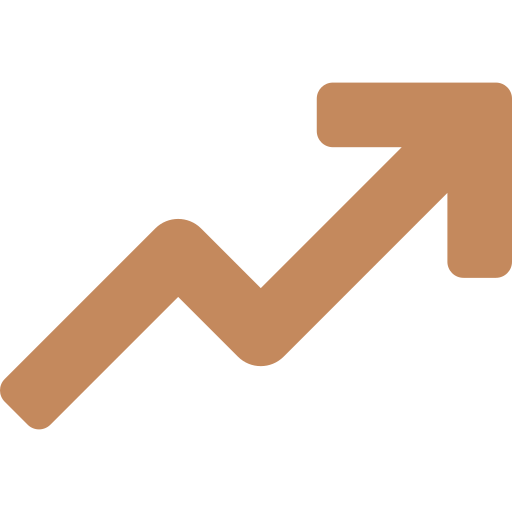 An upward trending arrow graph icon in brown with a black background.