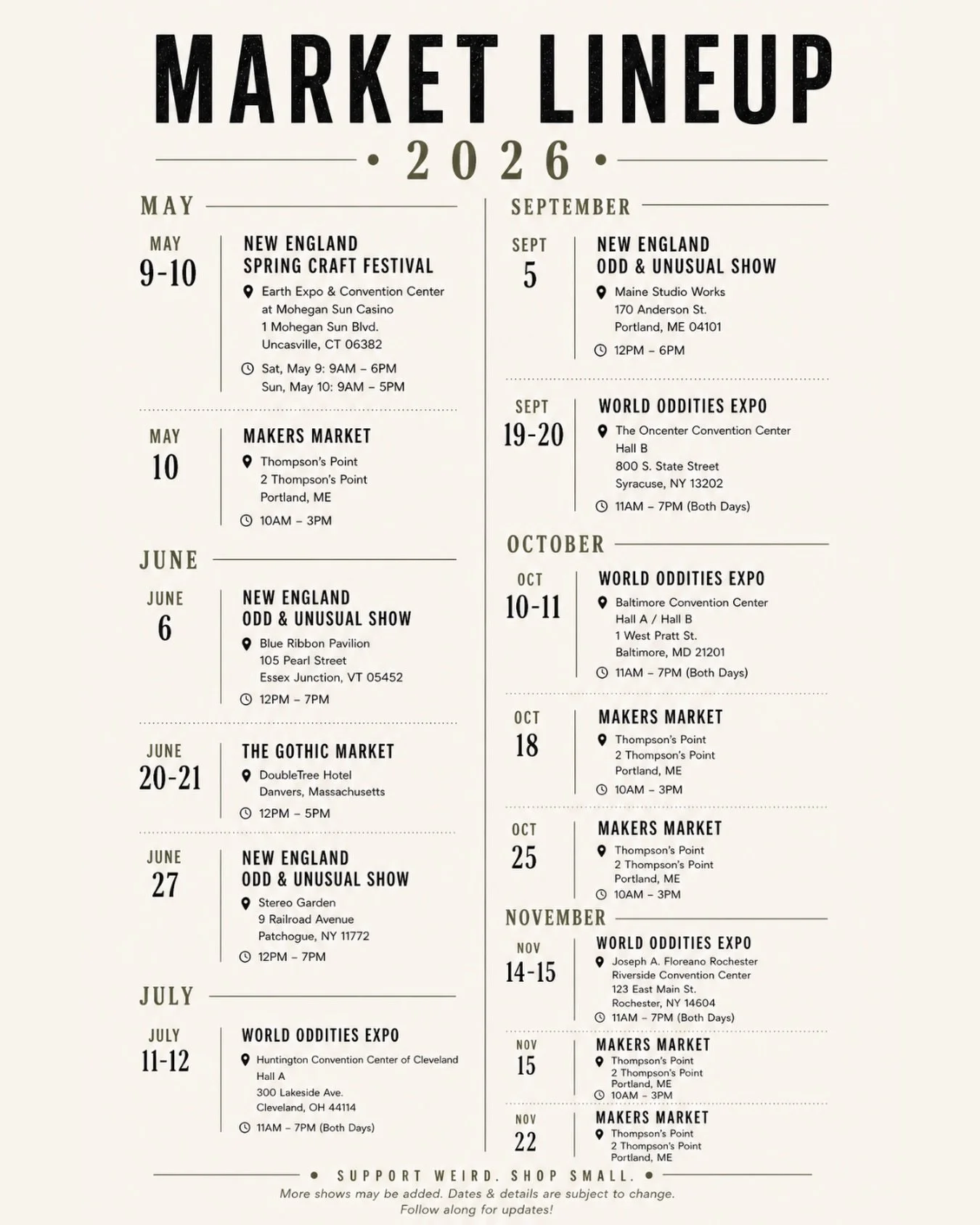2026 Market Lineup!  Frolic is taking to the road a little farther from home this year! Come find me! And follow along for updates🖤🖤🖤 #oddities
#weirdart
#altstyle
#handmade
#shopsmall