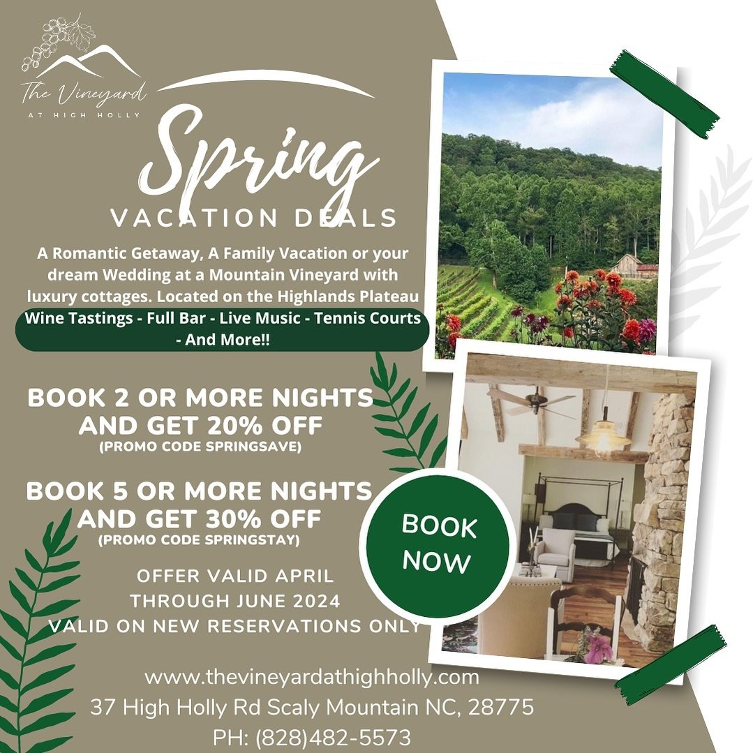 It&rsquo;s time for a Spring Vacation! 🌸 🌱 Stay at the Vineyard at High Holly now through June and SAVE! Enjoy wine, live music, outdoor activities and MORE!! 🍇 

Link in Bio to Book your reservation 

#thevineyardathighholly #spring #weekendgetaw