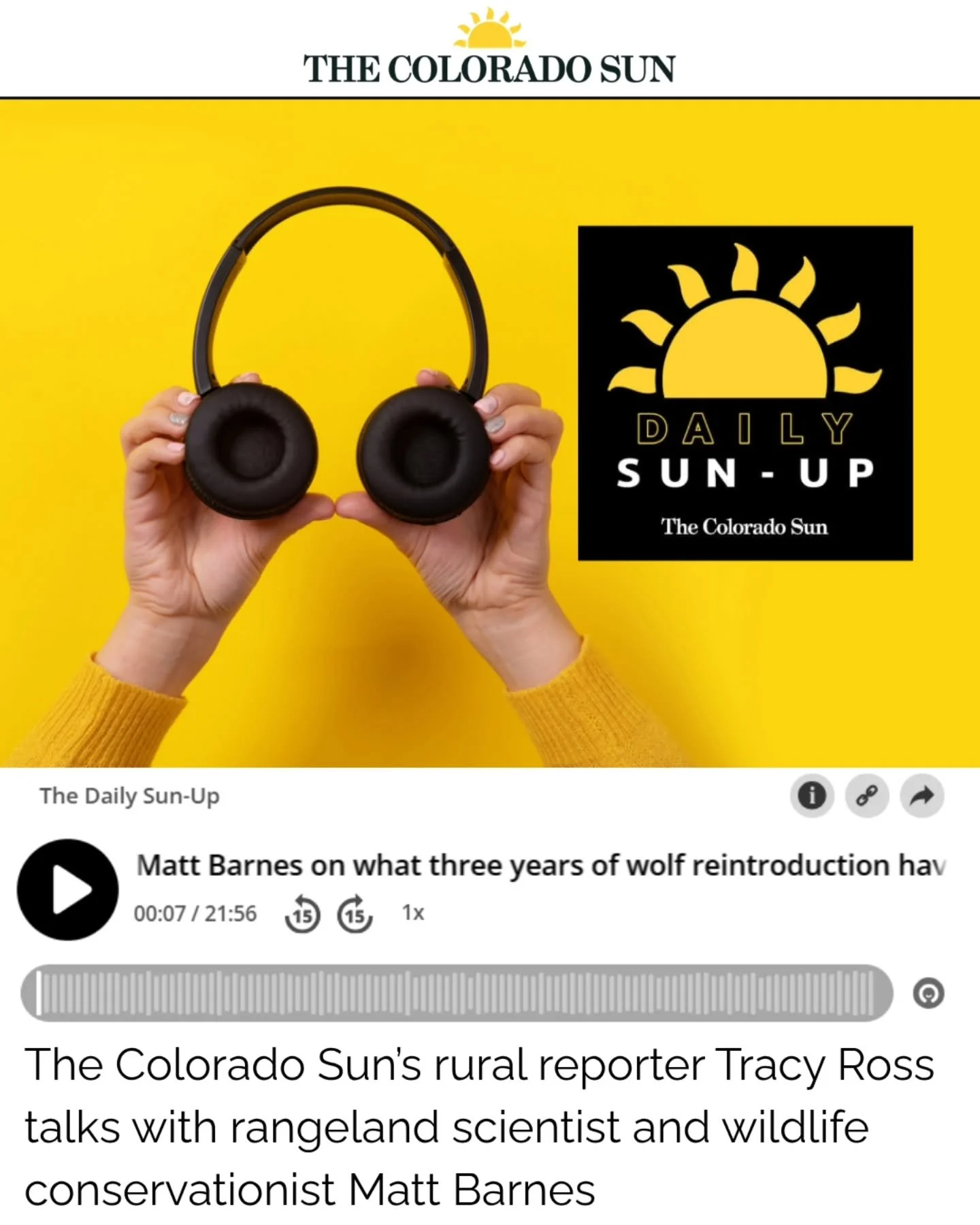 On the Daily Sun-Up podcast, journalist Tracy Ross and I talk about:
- wolf-livestock conflict reduction using strategic grazing management, stockmanship, and range riders; 
- the new film In the Company ofWolves: An American Journey, narrated by Jef