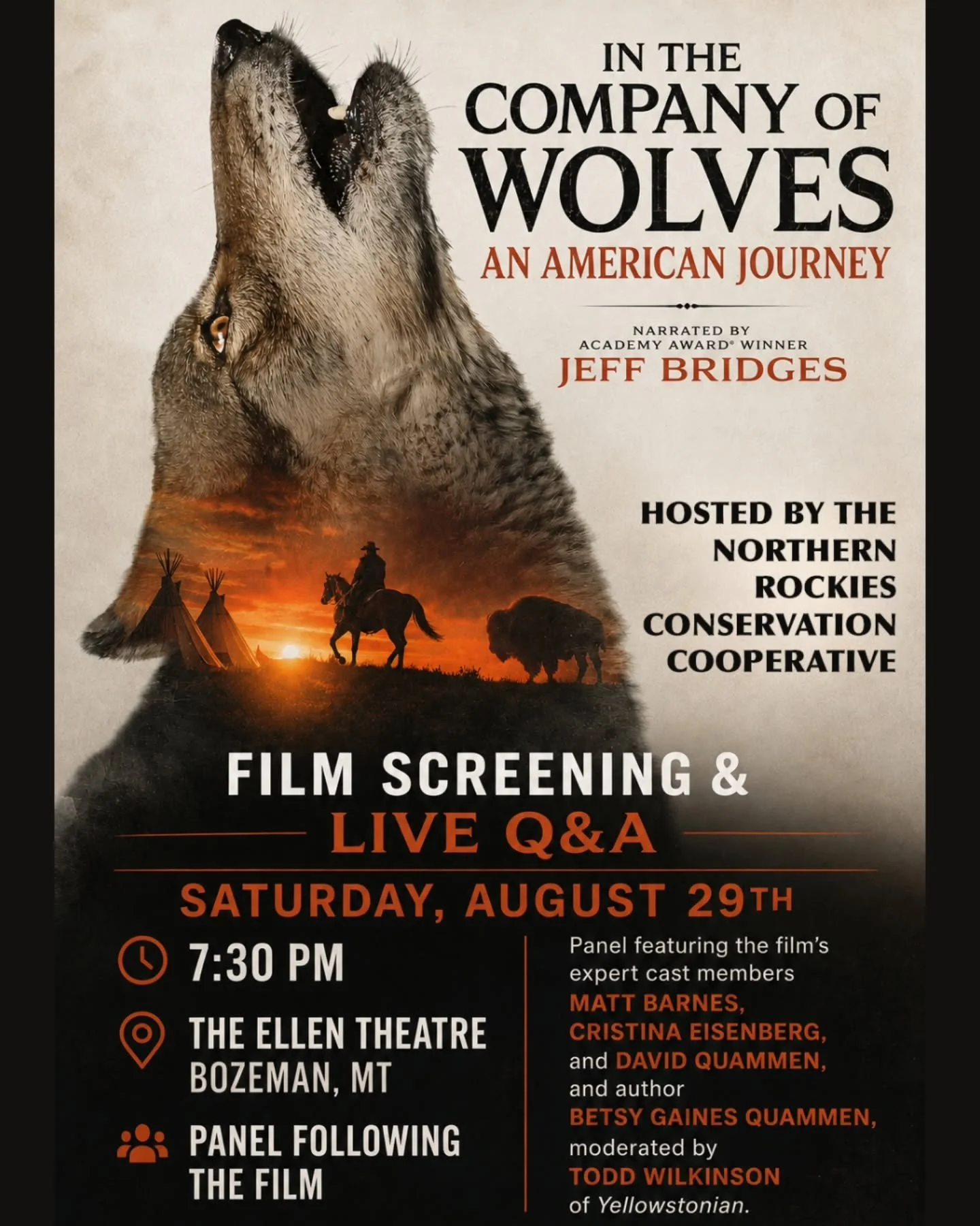 IN THE COMPANY OF WOLVES: An American Journey comes to Bozeman, August 29!

Narrated by Jeff Bridges, directed by Susan Kucera, the film shows how the wild and the domesticated alike have always reflected a deeper story of who we are as a nation, and