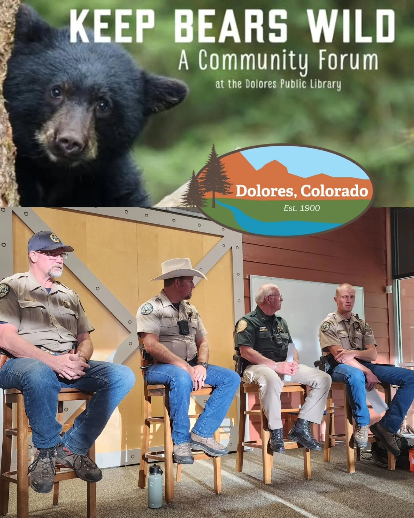 Lots of good information about human-bear conflict in Montezuma County, and Colorado's new Negligently Luring Bears law, thanks to our local game wardens Brandon, Matt, and Andy, from @coparkswildlife, and Sheriff Nowlin. Organized by Dolores town ma