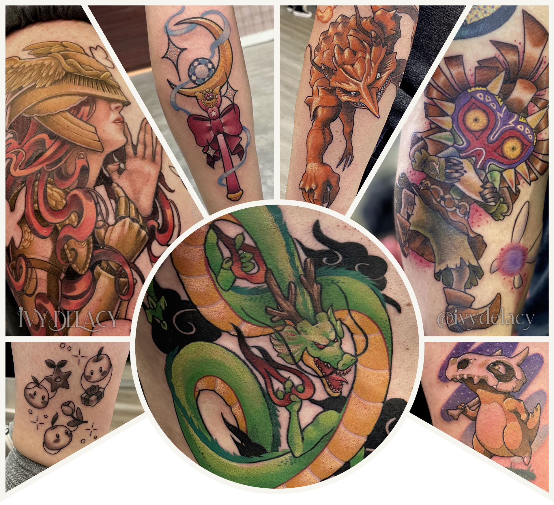 Promotional image featuring tattoos from Stardew Valley, Dragon Ball, Elden Ring, Sailor Moon, Magic: The Gathering, Legend of Zelda, and Pokemon