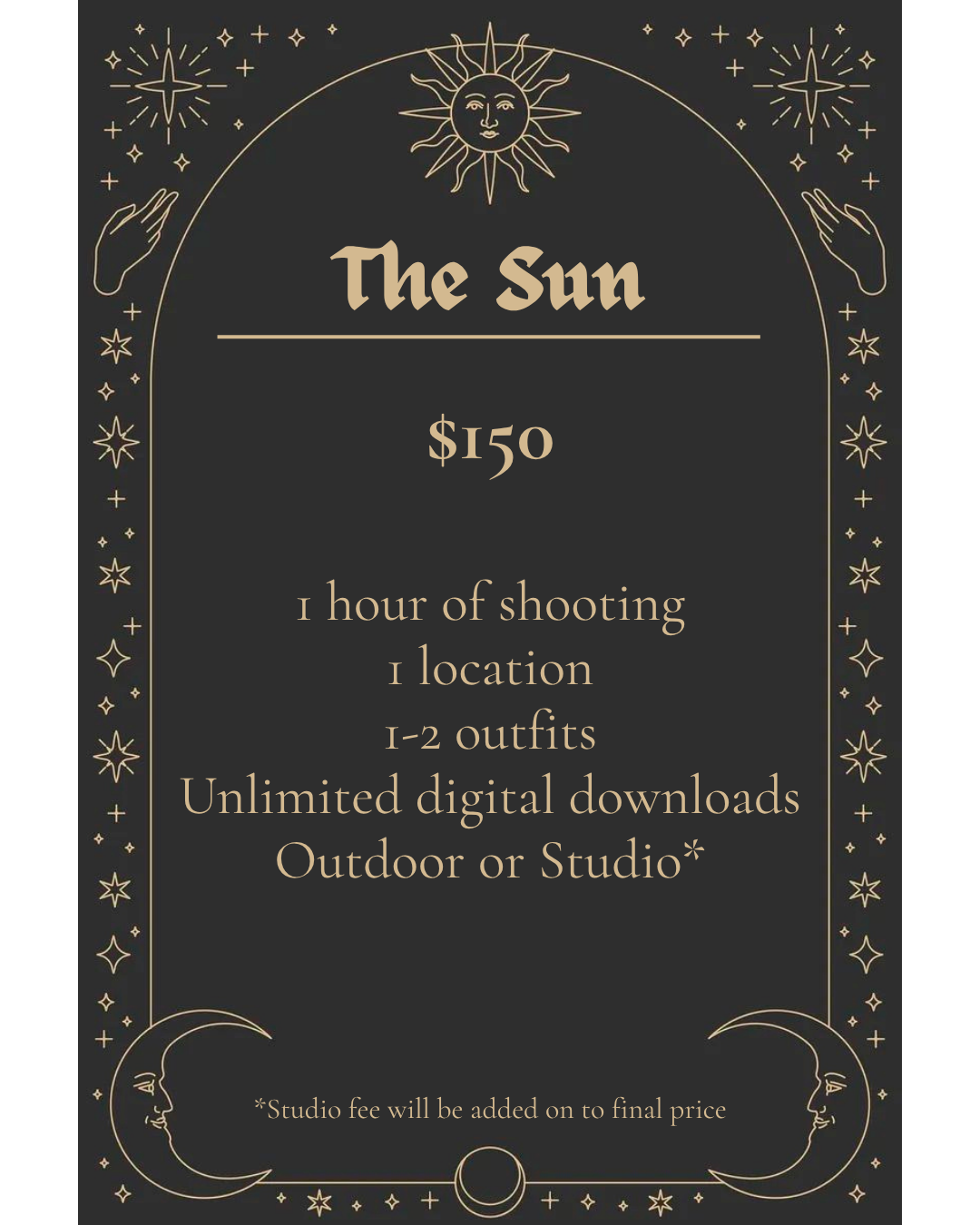 Pricing menu design featuring celestial illustrations of the sun, moon, stars, and hands, with information about a photo shoot called 'The Sun' for $150, including 1 hour, 1 location, 1-2 outfits, digital downloads, outdoor or studio options, and a note about a studio fee.