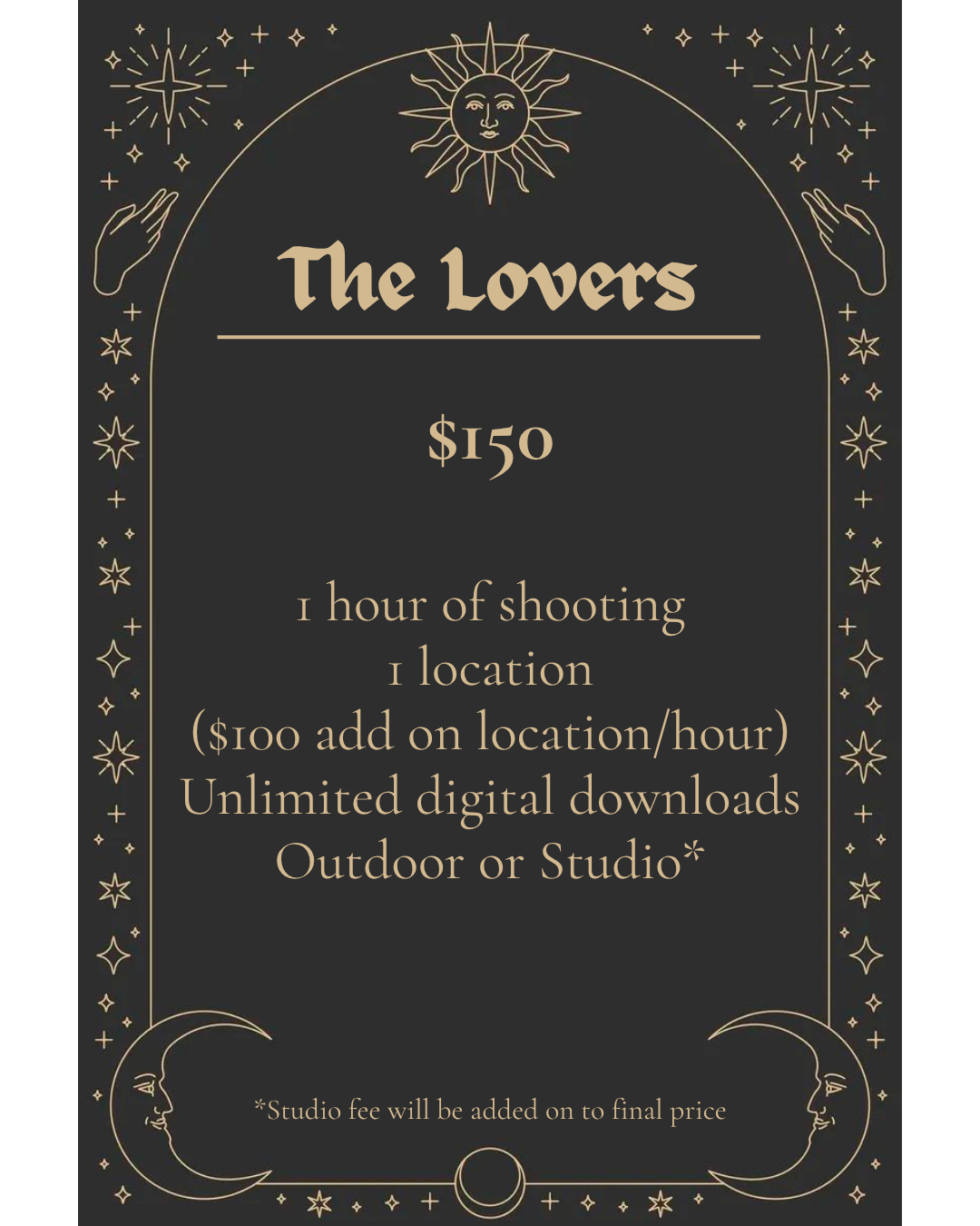 Tarot card reading service advertisement with celestial illustrations, including a smiling sun, crescent moons with faces, stars, and hand symbols, featuring pricing and details for booking.