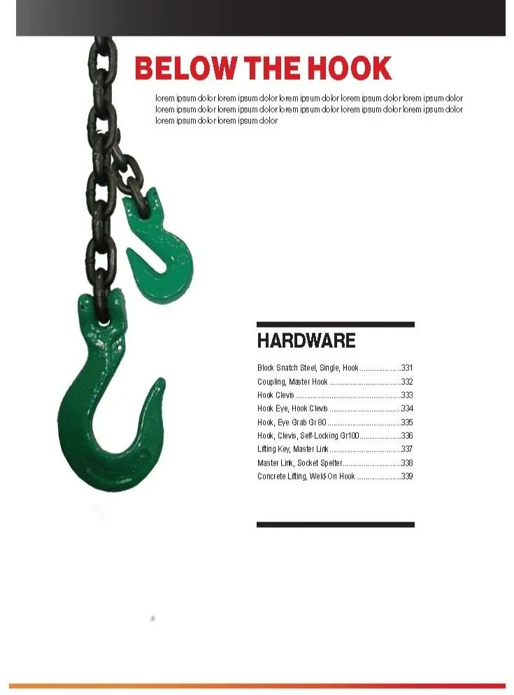 Page featuring a black chain with a green hook attached, titled 'Below the Hook' and a list of hardware items in black text.