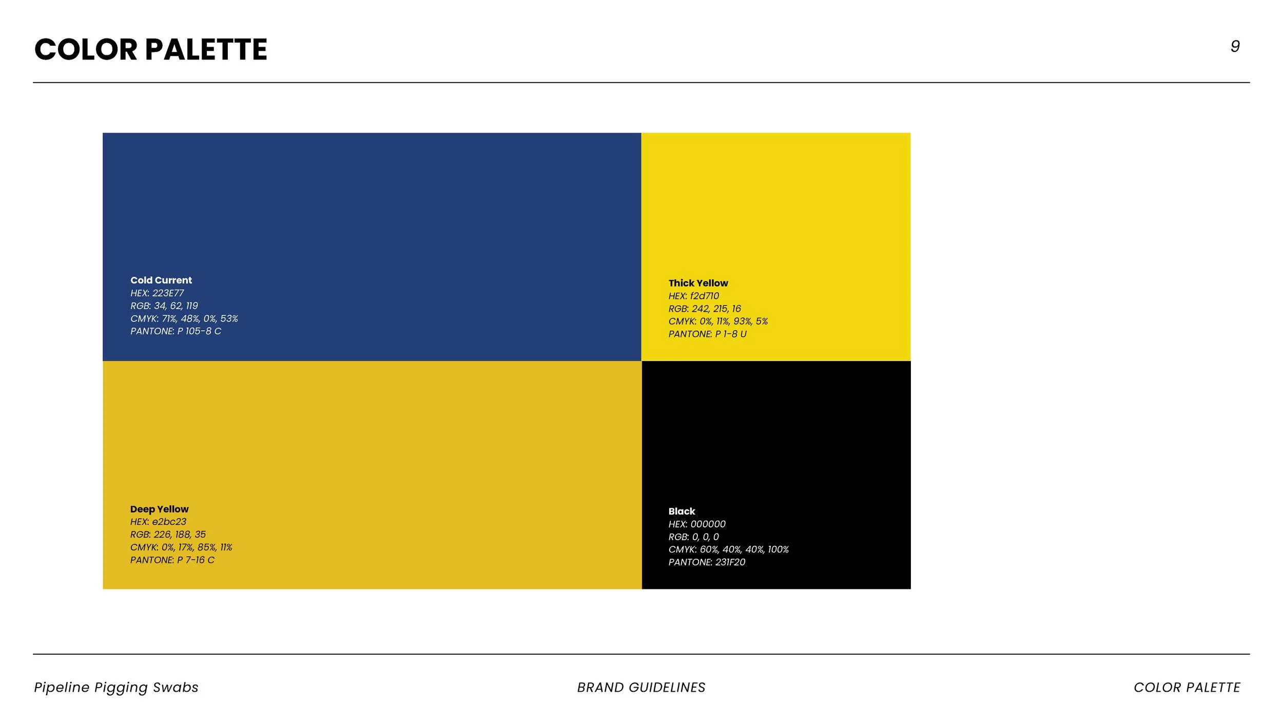 A color palette chart with four main colors: Deep Yellow, Cold Current Blue, Thick Yellow, and Black. Each color block includes details on HEX, RGB, CMYK, and PANTONE values.