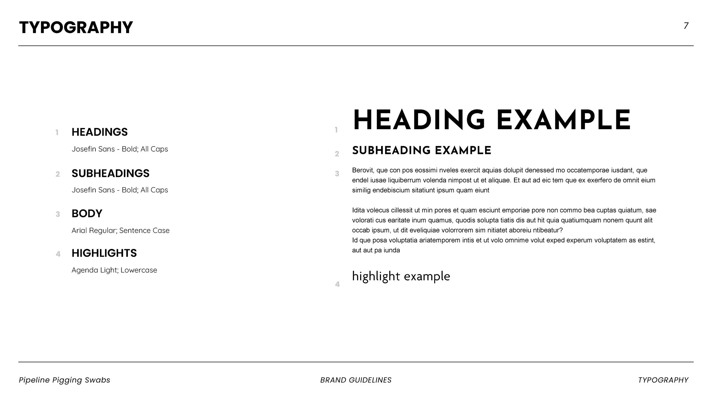 A layout page on typography standards with sections for headings, subheadings, body text, and highlights, including font styles and guidelines.