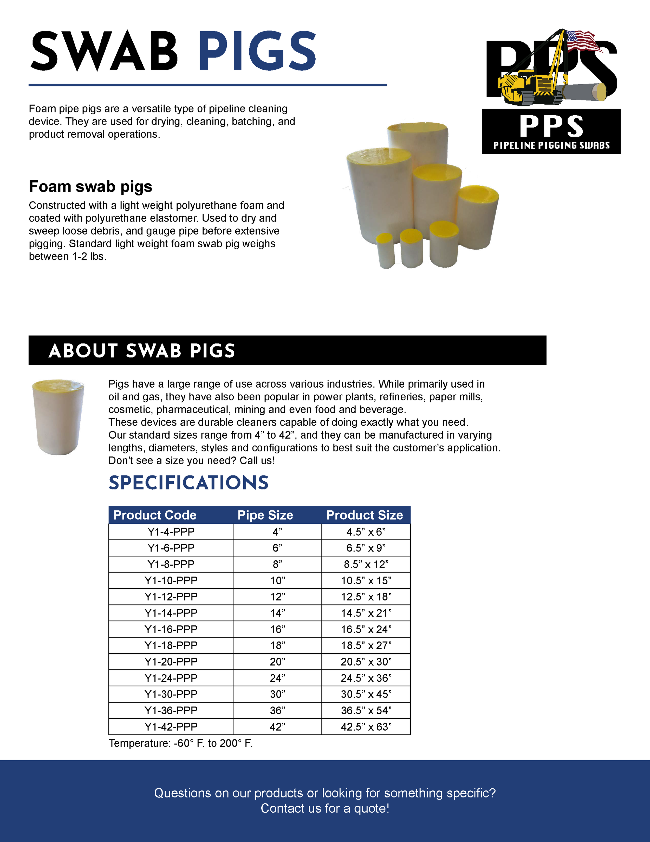 A product information sheet about pipeline pigging swabs, featuring a logo for Pipeline Pigging Swabs with an excavator and American flag, images of foam swab pigs, and a detailed table of product codes, pipe sizes, and dimensions.