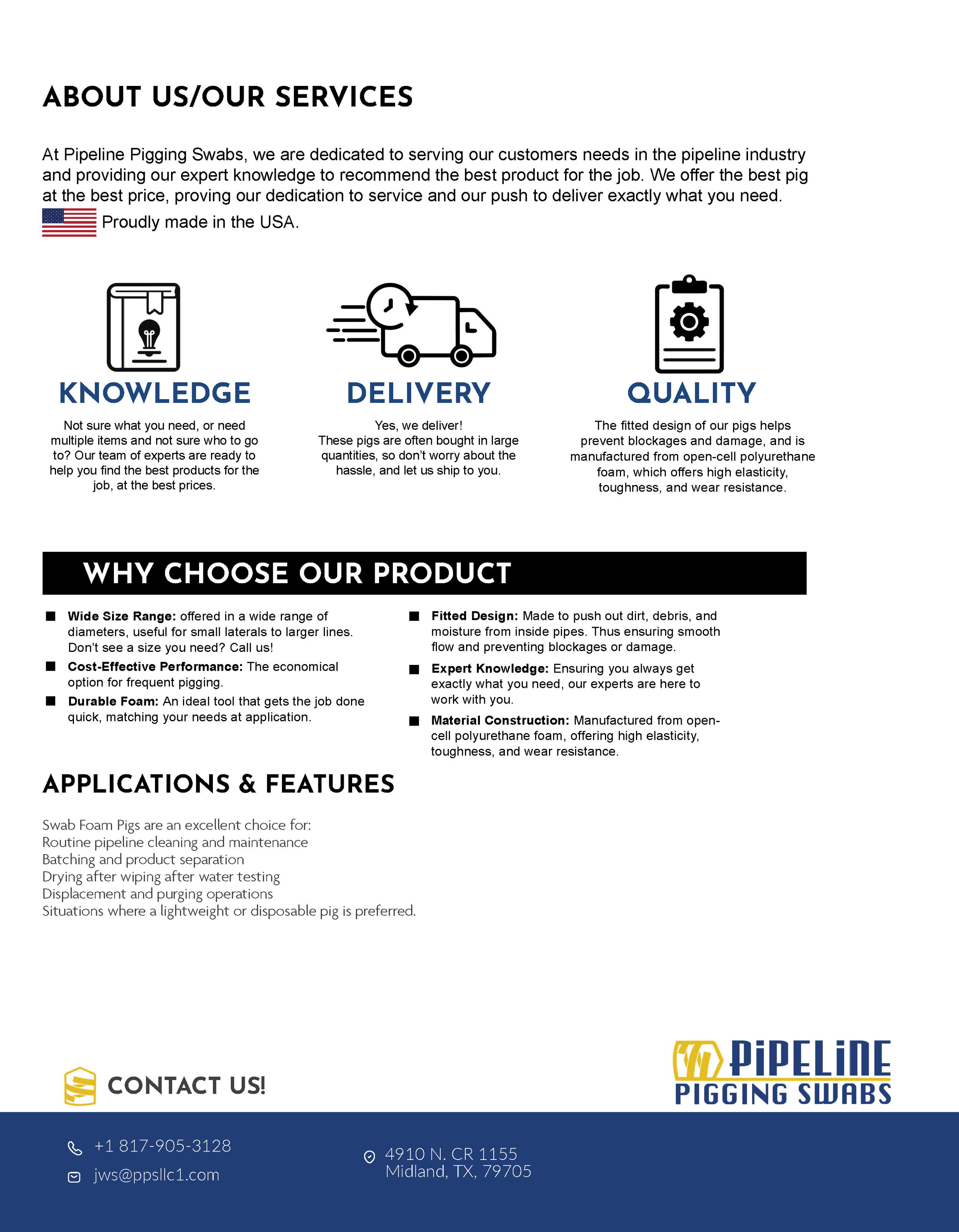 A business flyer for Pipeline Pigging Swabs features a company logo, contact information, and a description of their services including knowledge, delivery, and quality. There are icons representing each service, and a note indicating products are ma
