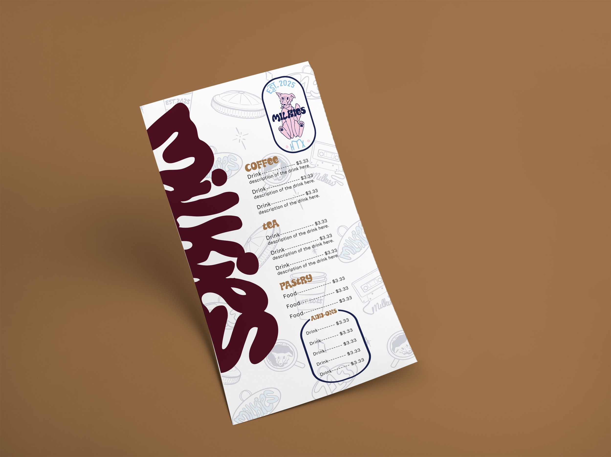 a restaurant or cafe order menu with sections for coffee, tea, pastry, and add-ons. The menu features a logo with a dog and the text 'milkies' and 'EST. 2025' at the top.