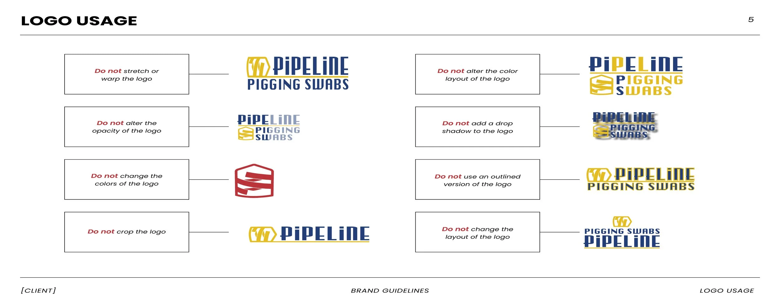 A guide for logo usage rules for Pipeline Pigging Swabs, including instructions not to stretch or warp the logo, alter its opacity, change colors, crop, or use an outlined version, with examples of correct and incorrect logo variations.