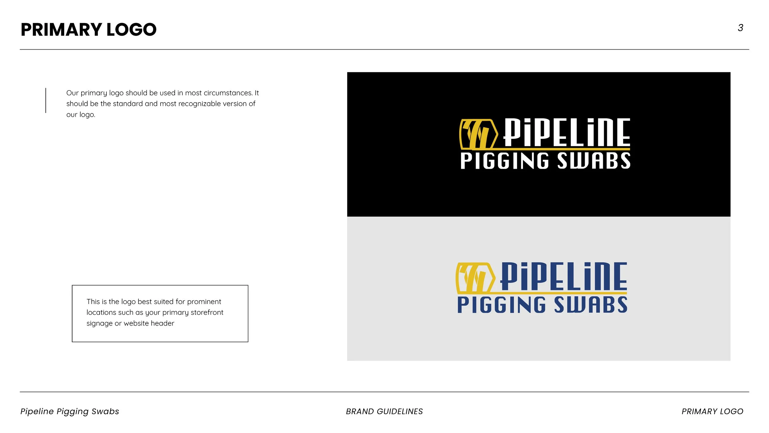 Example brand guideline page displaying two variations of the 'Pipeline Pigging Swabs' logo, one on a black background with white and gold text, and the other on a light gray background with navy blue and gold text. The page includes instructions on 