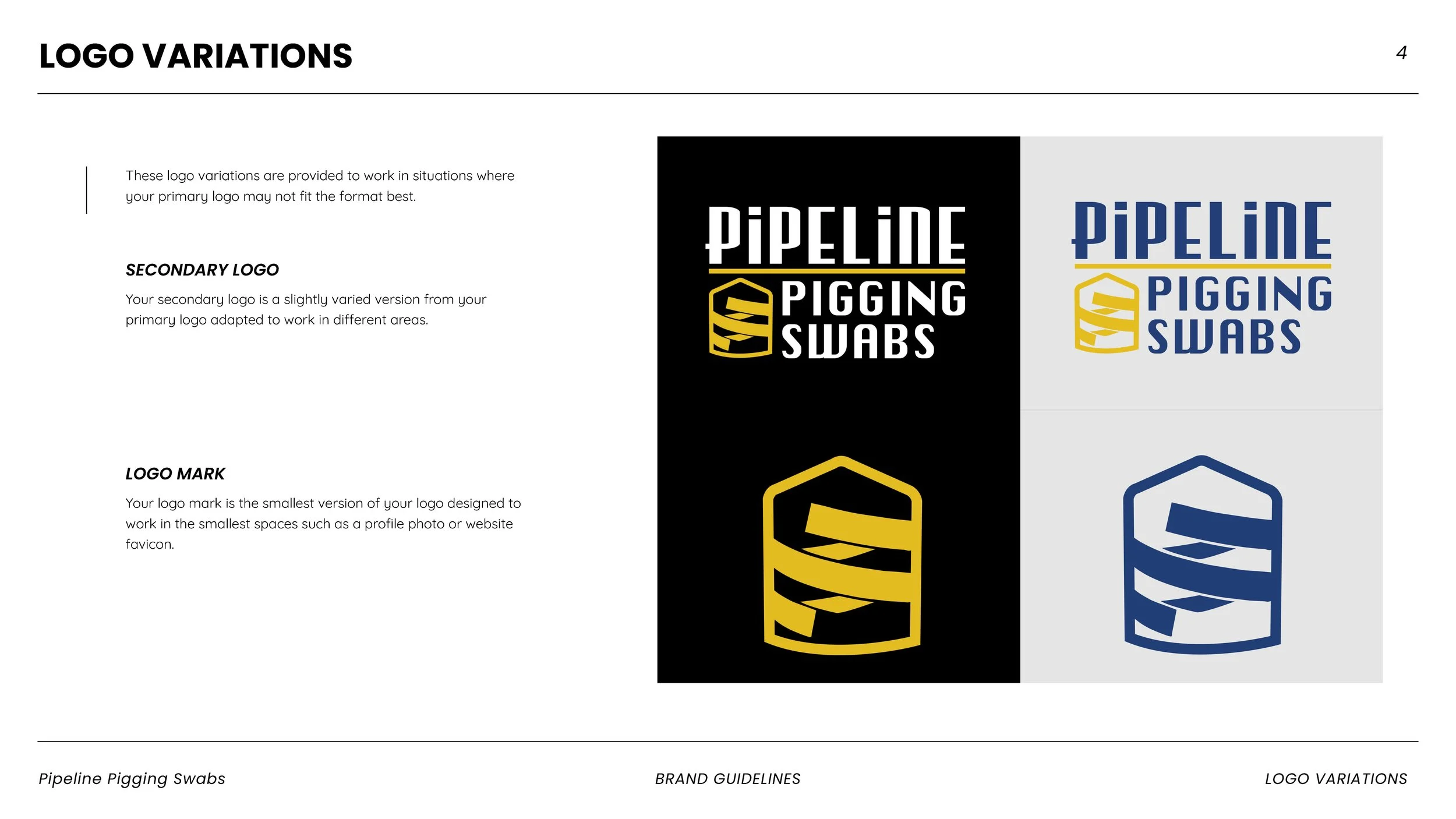 Comparison of two pipeline pigging swab logos, one in black and yellow color scheme and the other in blue and gray, showing different logo variations and design guidelines.