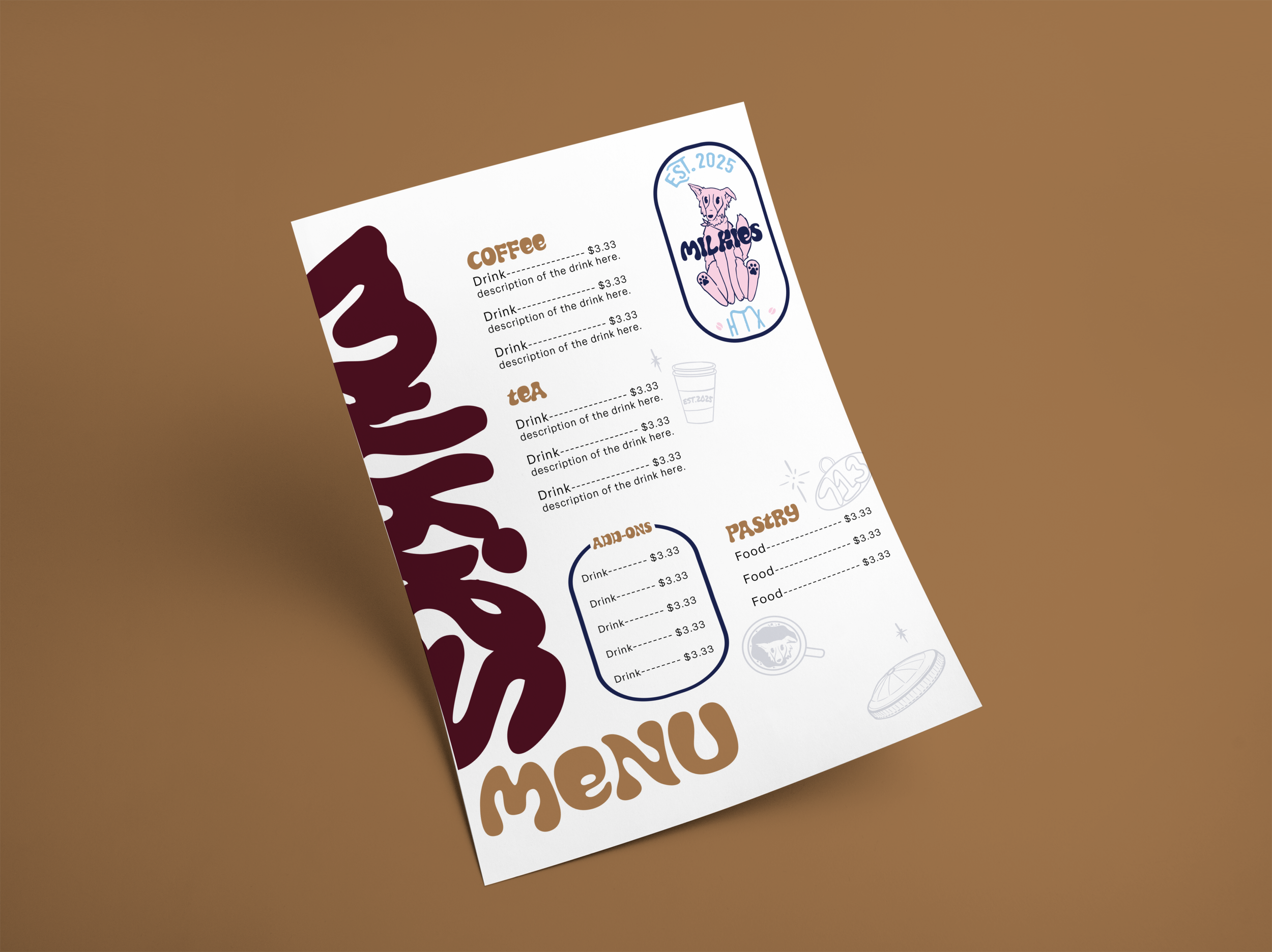 Part of a menu on a brown surface with illustrations of dogs and drinking items, listing coffee and tea options with prices.