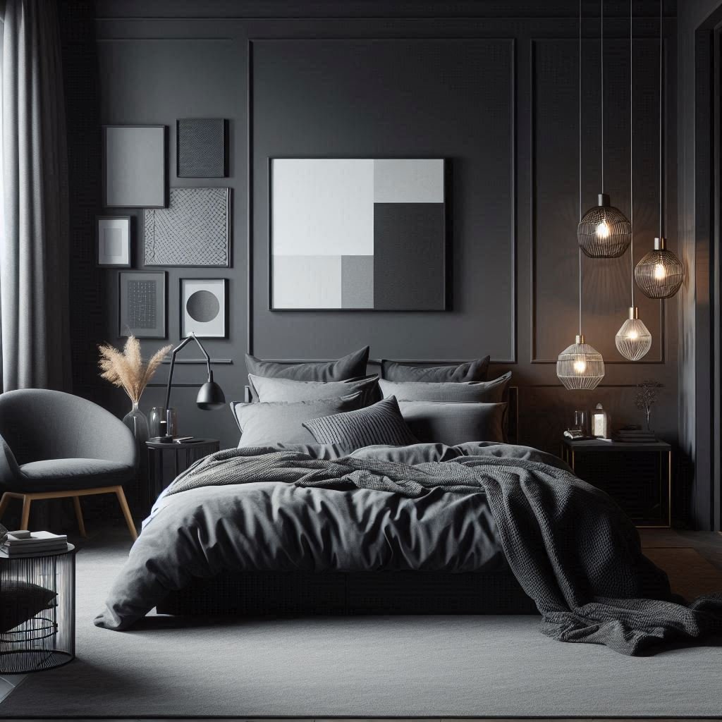 Black bed with grey bedding discount