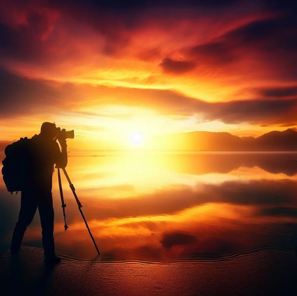 Photographer capturing a sunset over a lake.