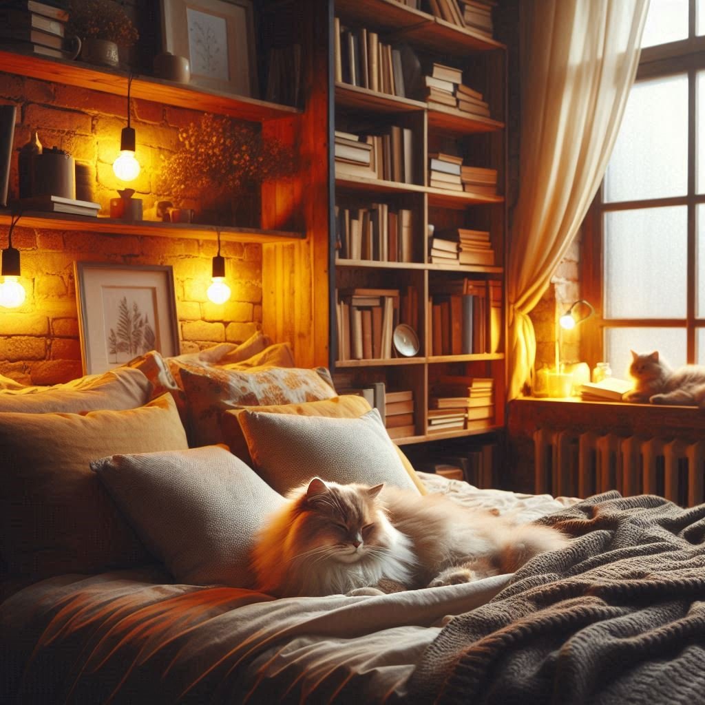 Cozy winter home with warm lighting and blankets.
