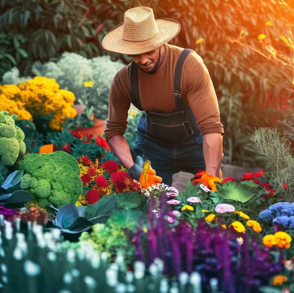 Gardener tending to a thriving vegetable garden.
