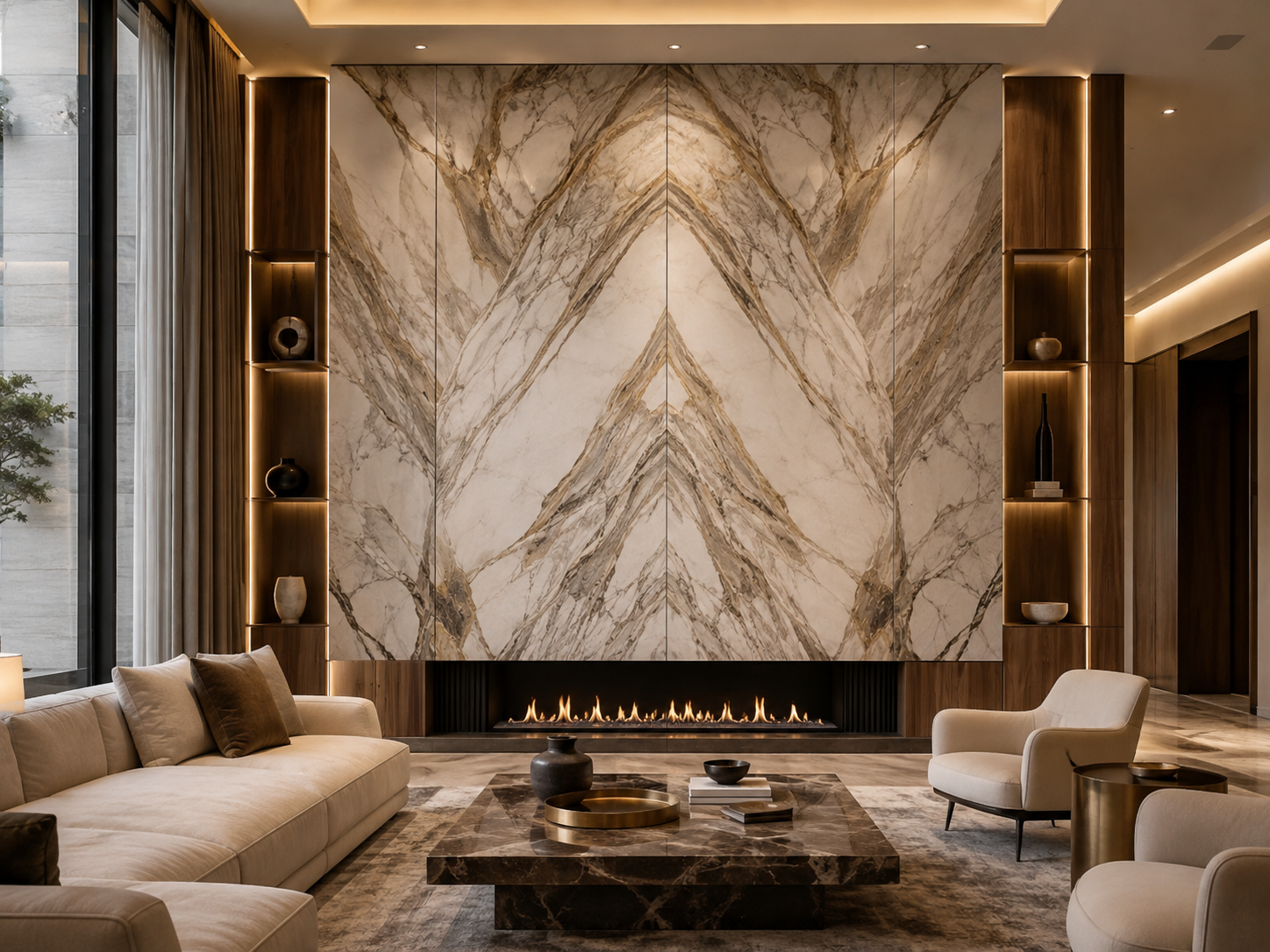 Bookmatched Marble and Quartzite Feature Walls for Luxury Interiors