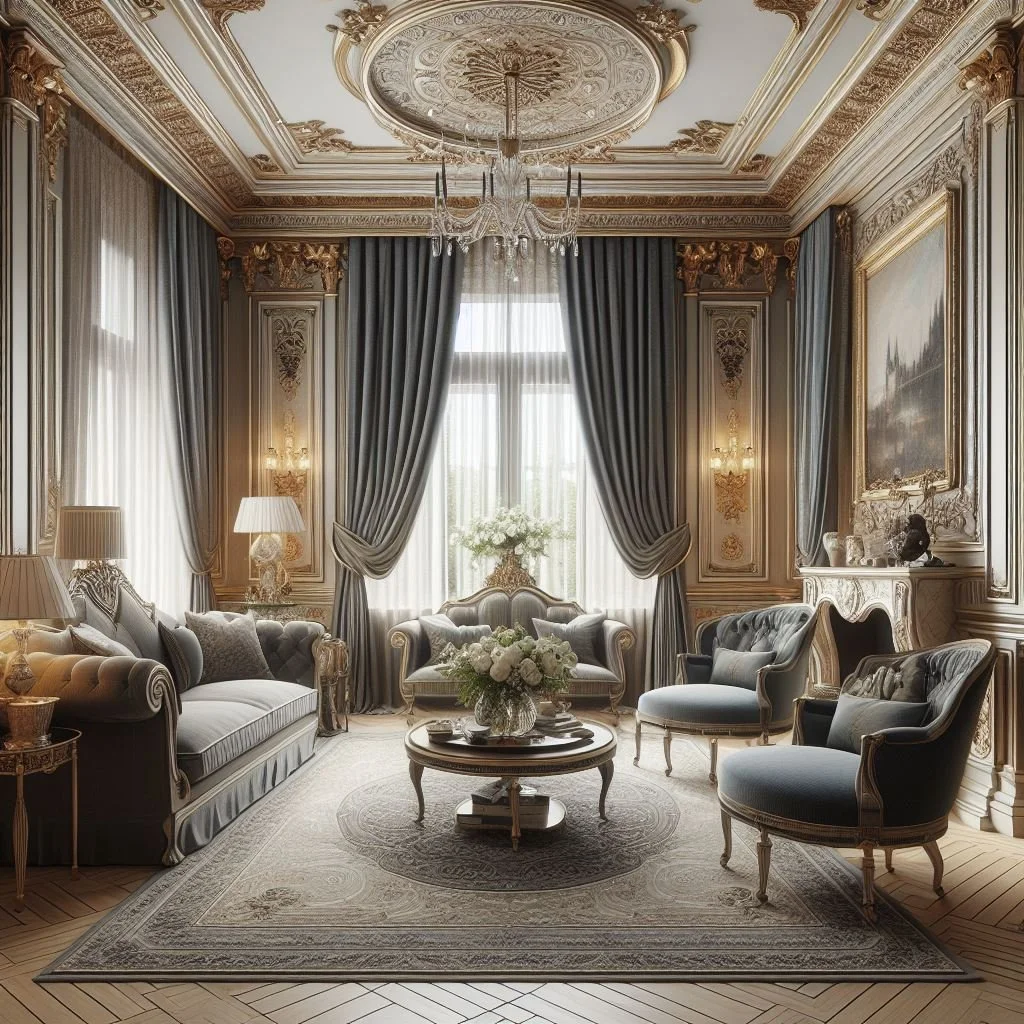 Modern Victorian Living Room Textile Elegance: Drapes and Upholstery