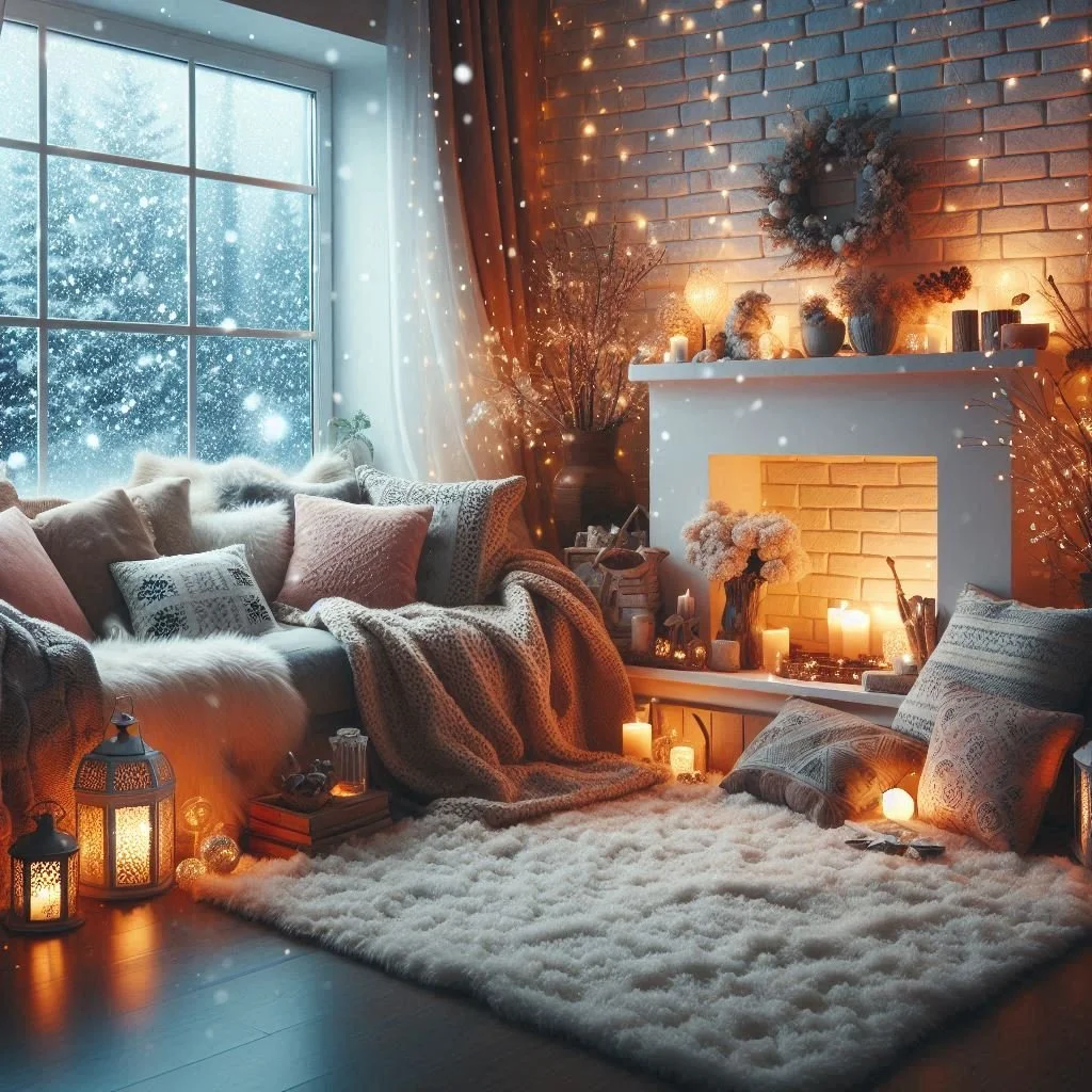 Cozy blankets and pillows in a snowy home.