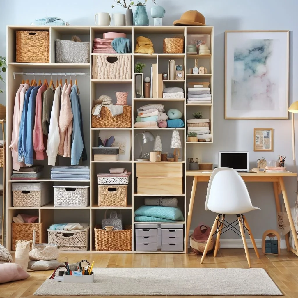Neat and organized room with storage.