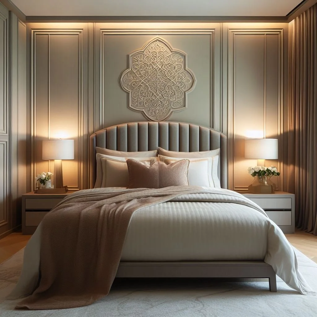 Custom headboard in a bedroom.