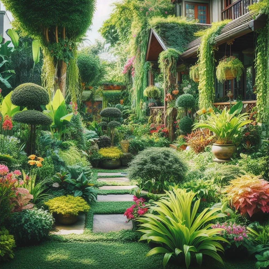Lush garden with various plants.