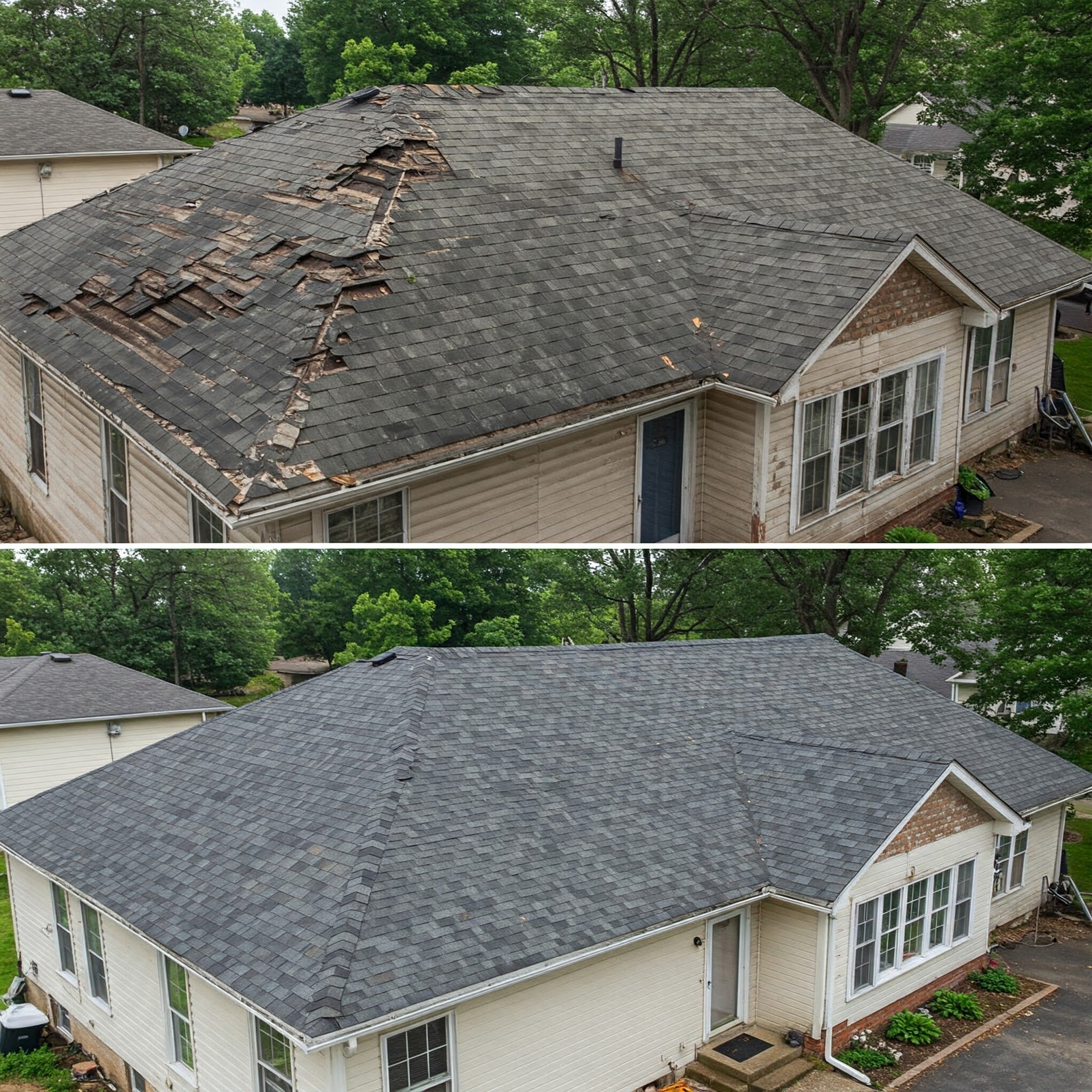 Third-party illustrative before-and-after roof restoration showing damaged shingles before work and a renewed roof afterward