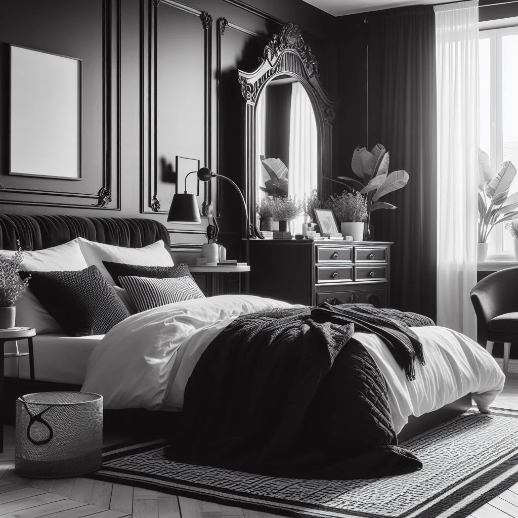 Black and White Bedroom Black Framed Mirror