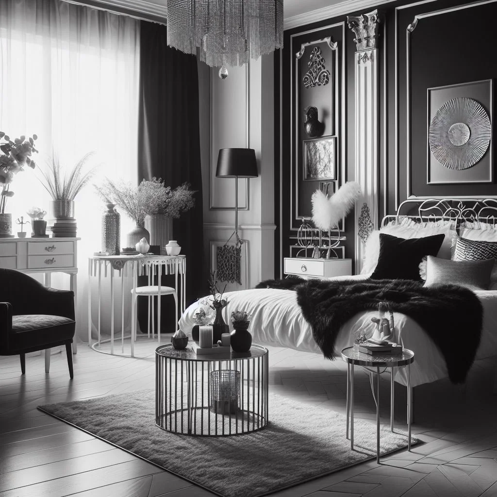 Black and White Bedroom Metallic Accents
