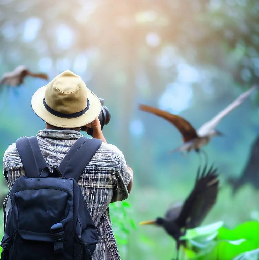 Wildlife enthusiast photographing birds