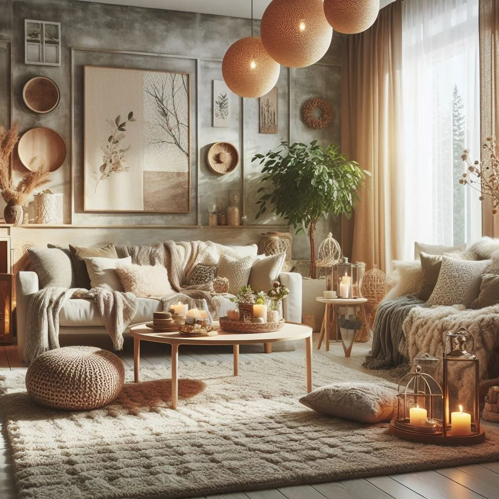 Cozy Living Room with Textured Fabrics and Soft Furnishings